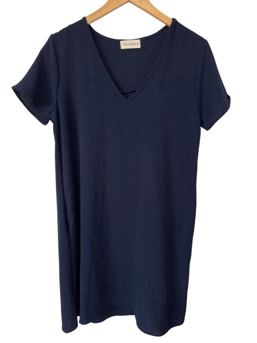 The Nines Shift Dress Small V-Neck Short Sleeve Navy Blue Polyester Minimalist
